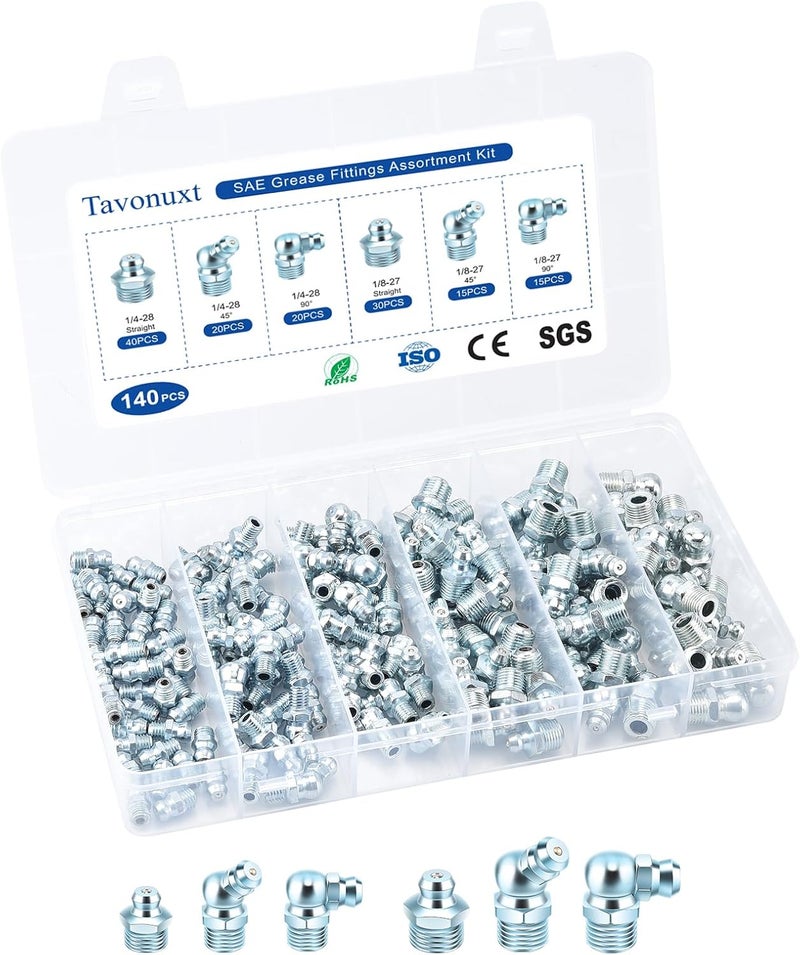 TAVONUXT 140 PCS SAE Grease Fittings Kit - Hydraulic Zerk Assortment 1/4" 1/8" with Straight, 45°, and 90° Degree Heads for Automotive and Industrial Use, Galvanized Steel Set - Image 1